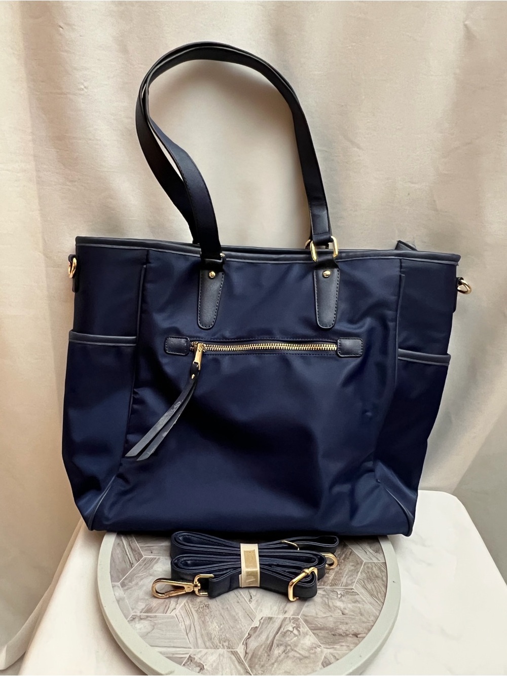 XB Navy Blue Nylon Tote Bag Laptop Travel Shoulder Purse Gold Hardware